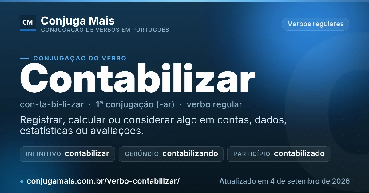 Cartão do verbo contabilizar com definição, formas principais, endereço da página e data de atualização.