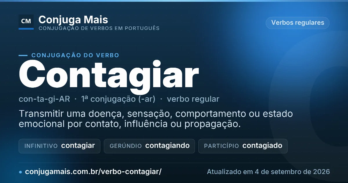 Cartão do verbo contagiar com definição, formas principais, endereço da página e data de atualização.