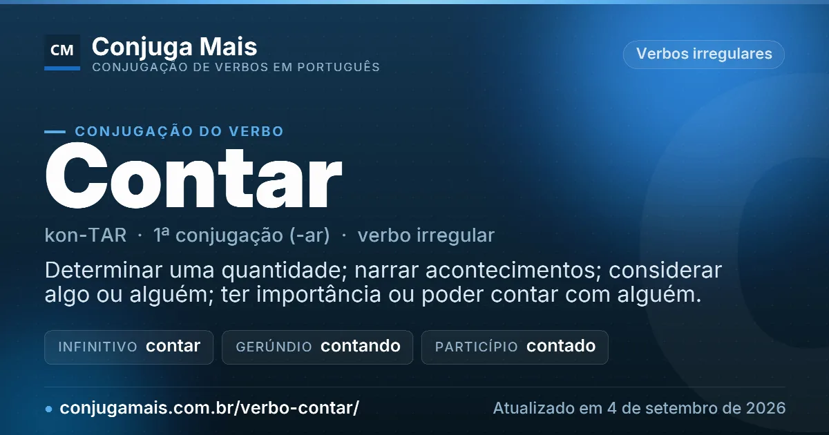 Cartão do verbo contar com definição, formas principais, endereço da página e data de atualização.