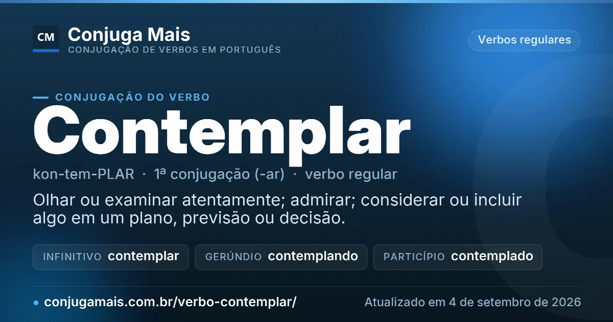 Cartão do verbo contemplar com definição, formas principais, endereço da página e data de atualização.