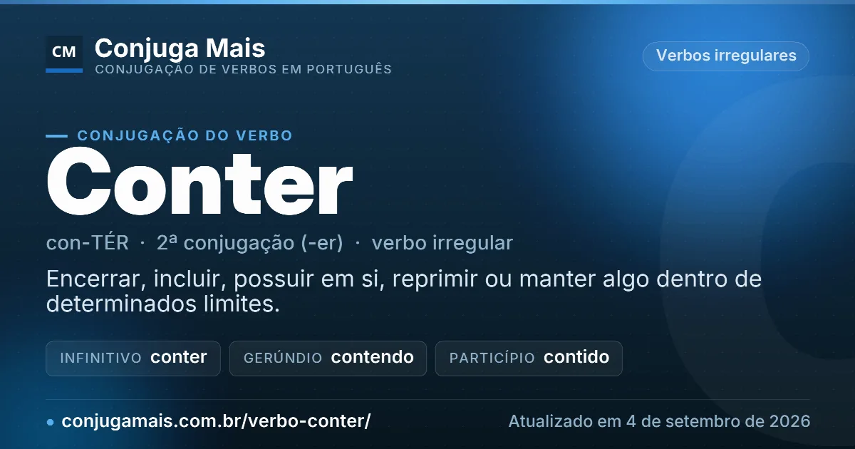 Cartão do verbo conter com definição, formas principais, endereço da página e data de atualização.