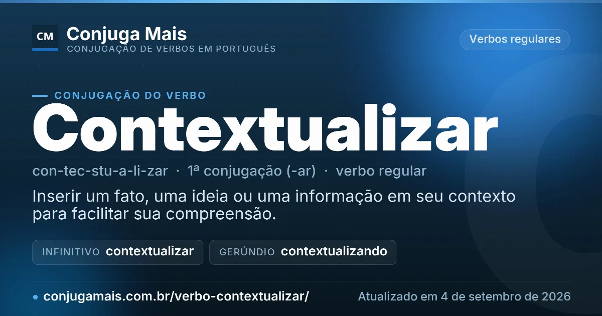 Cartão do verbo contextualizar com definição, formas principais, endereço da página e data de atualização.