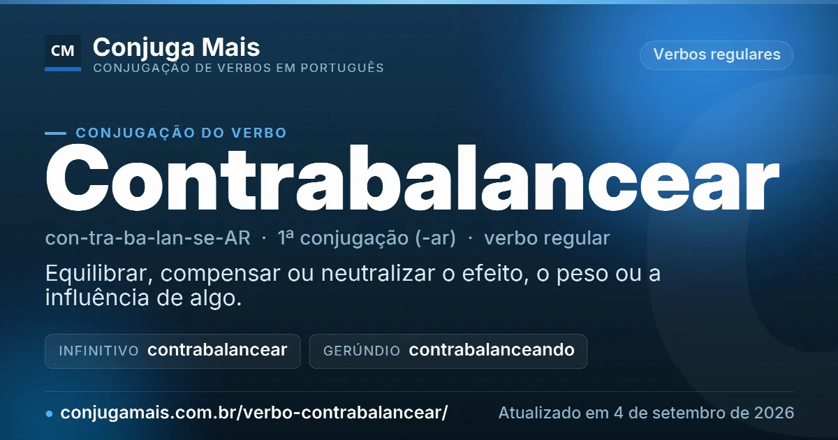Cartão do verbo contrabalancear com definição, formas principais, endereço da página e data de atualização.