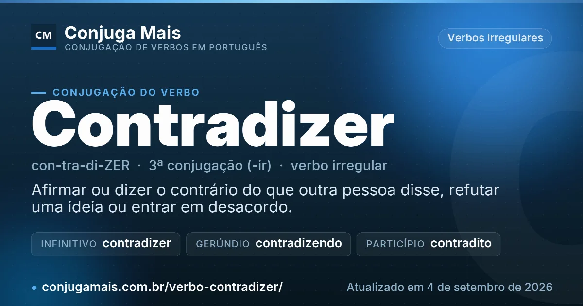 Cartão do verbo contradizer com definição, formas principais, endereço da página e data de atualização.