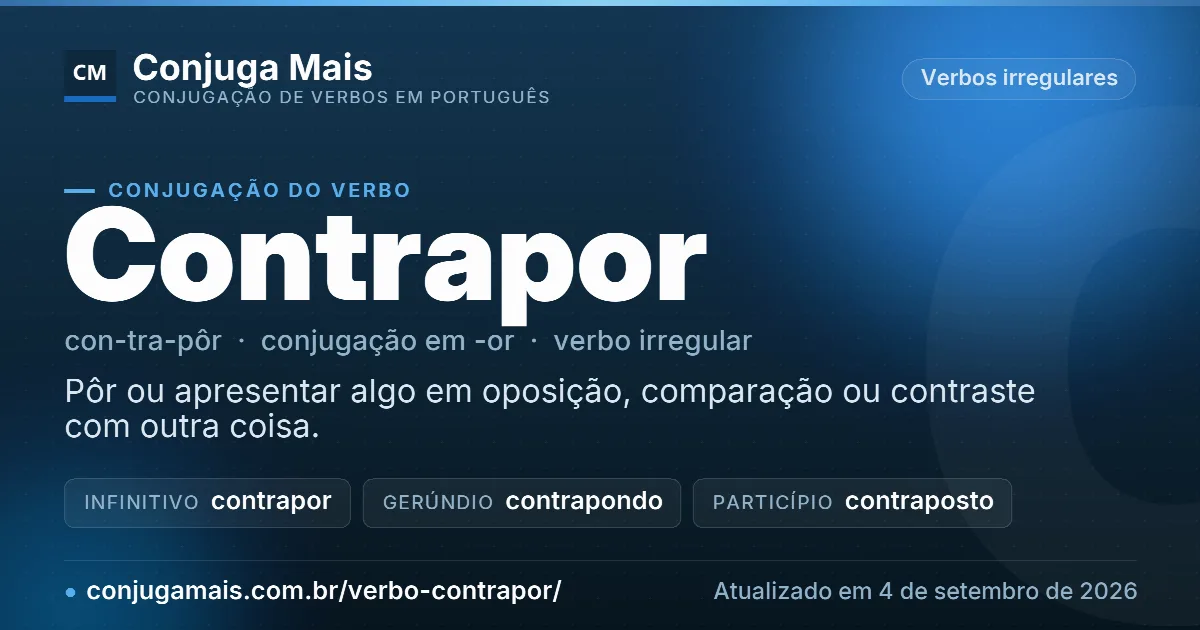 Cartão do verbo contrapor com definição, formas principais, endereço da página e data de atualização.