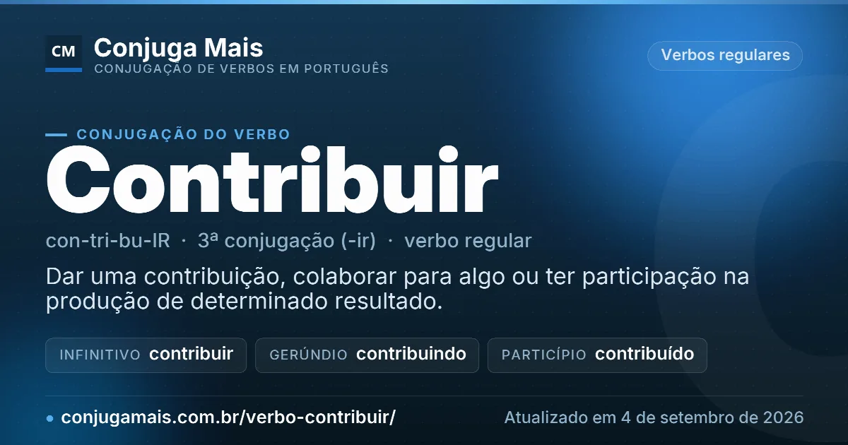 Cartão do verbo contribuir com definição, formas principais, endereço da página e data de atualização.