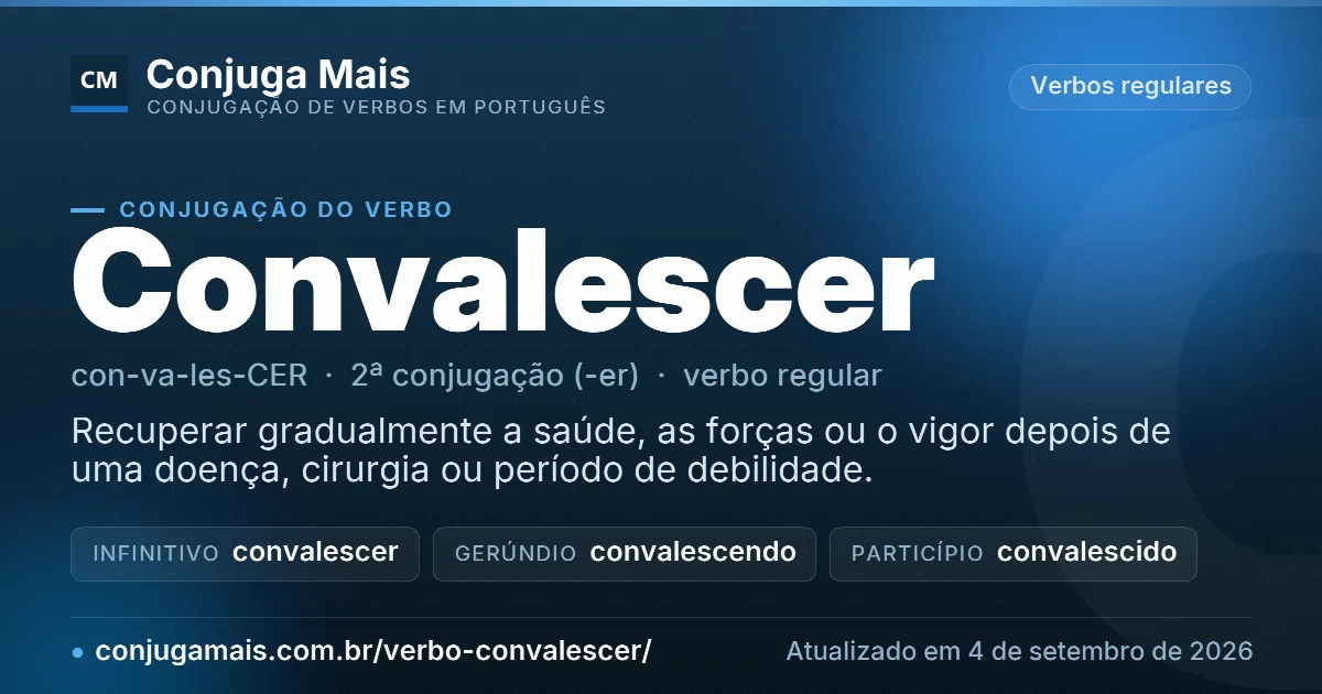 Cartão do verbo convalescer com definição, formas principais, endereço da página e data de atualização.