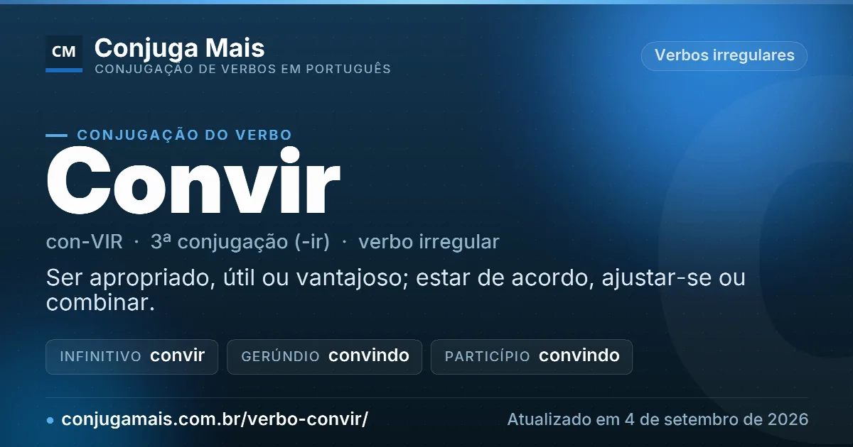 Cartão do verbo convir com definição, formas principais, endereço da página e data de atualização.