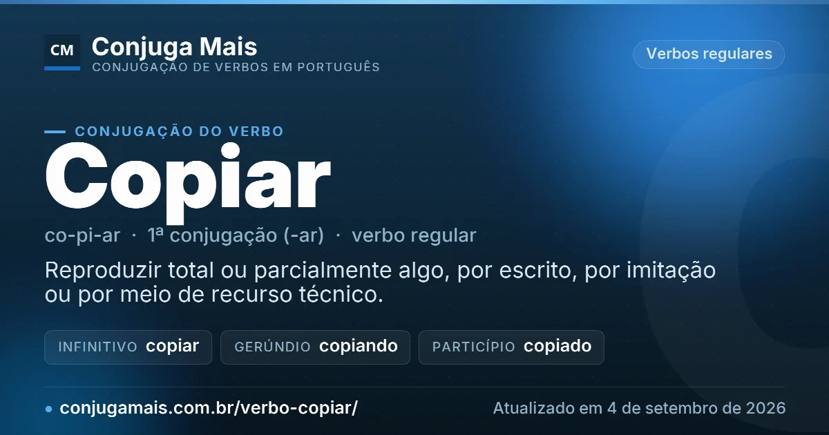 Cartão do verbo copiar com definição, formas principais, endereço da página e data de atualização.