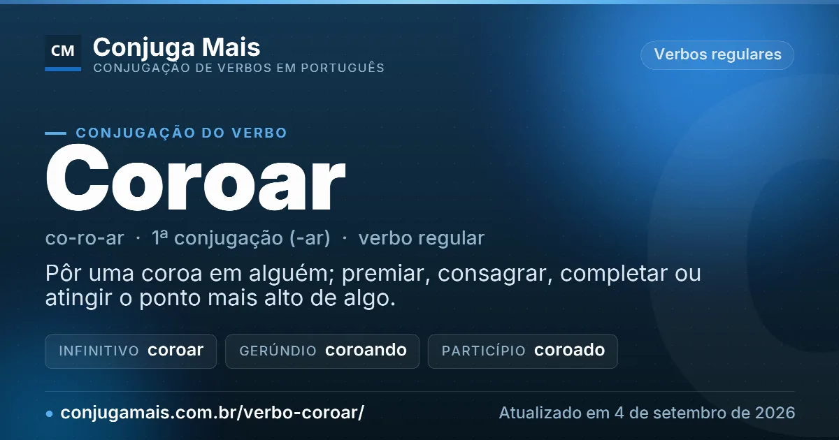 Cartão do verbo coroar com definição, formas principais, endereço da página e data de atualização.