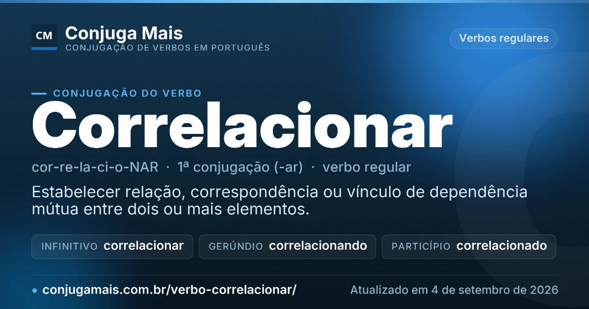 Cartão do verbo correlacionar com definição, formas principais, endereço da página e data de atualização.