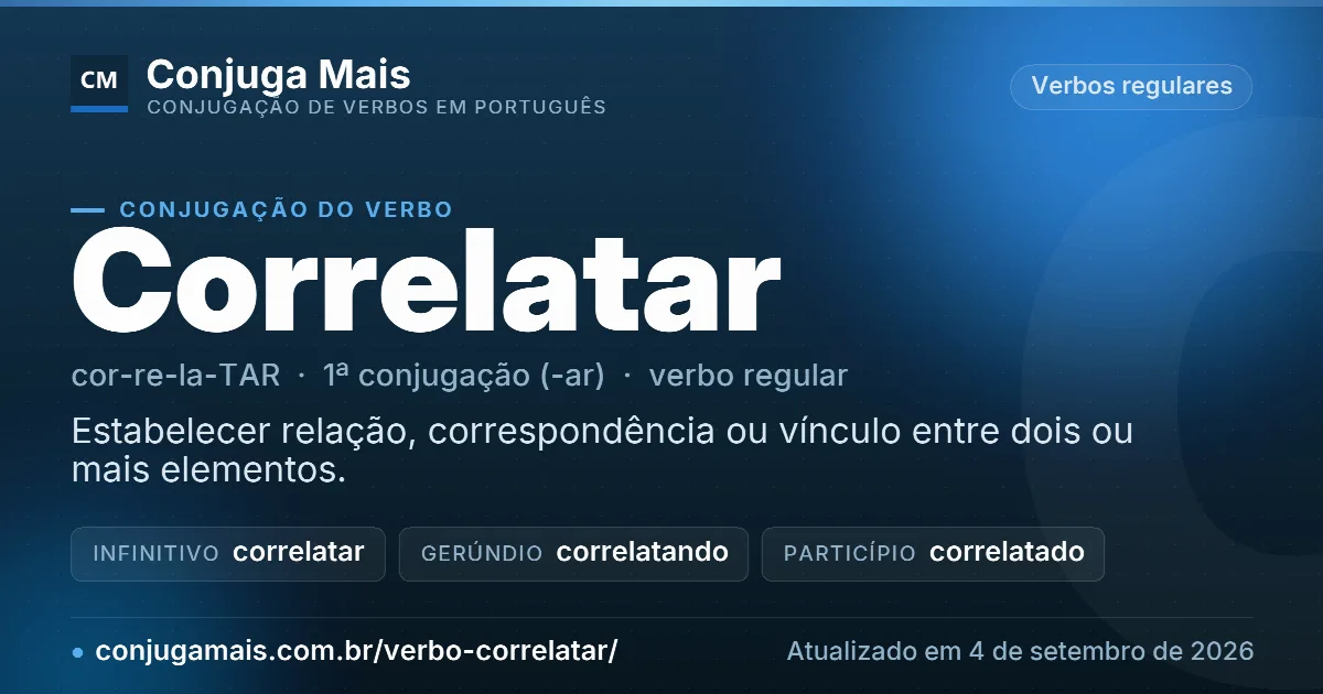 Cartão do verbo correlatar com definição, formas principais, endereço da página e data de atualização.
