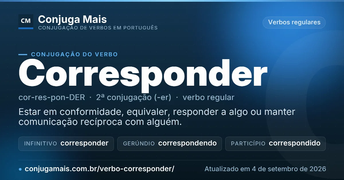 Cartão do verbo corresponder com definição, formas principais, endereço da página e data de atualização.