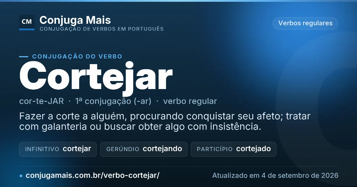 Cartão do verbo cortejar com definição, formas principais, endereço da página e data de atualização.