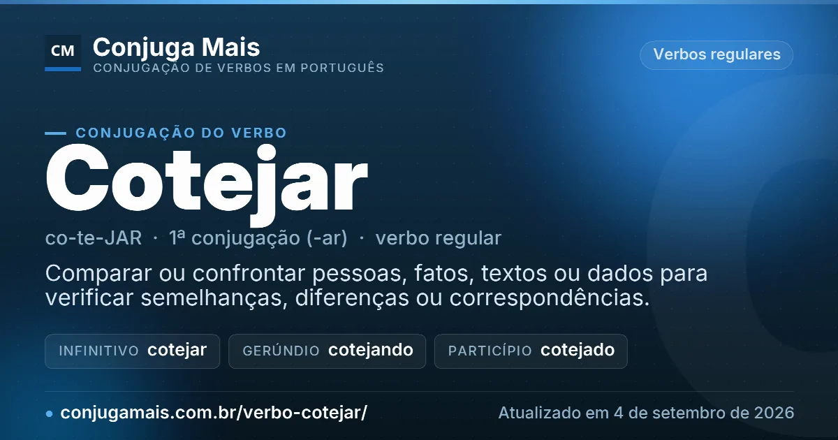 Cartão do verbo cotejar com definição, formas principais, endereço da página e data de atualização.