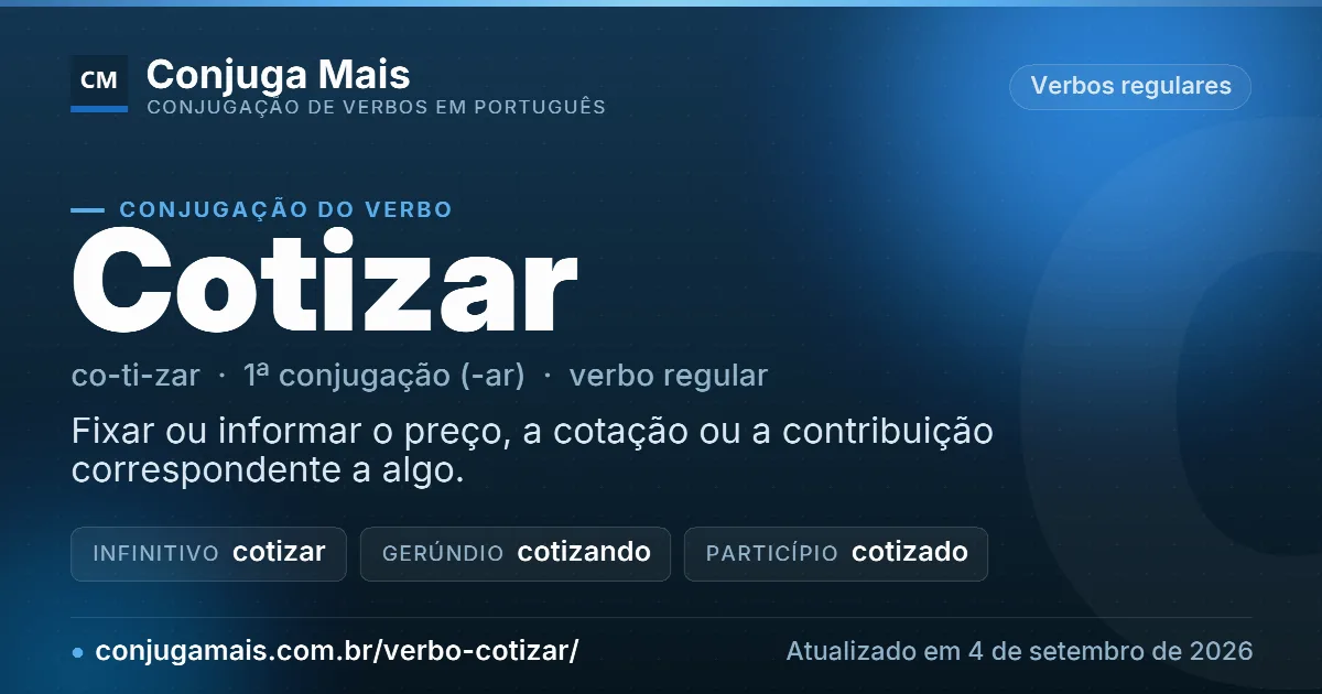 Cartão do verbo cotizar com definição, formas principais, endereço da página e data de atualização.