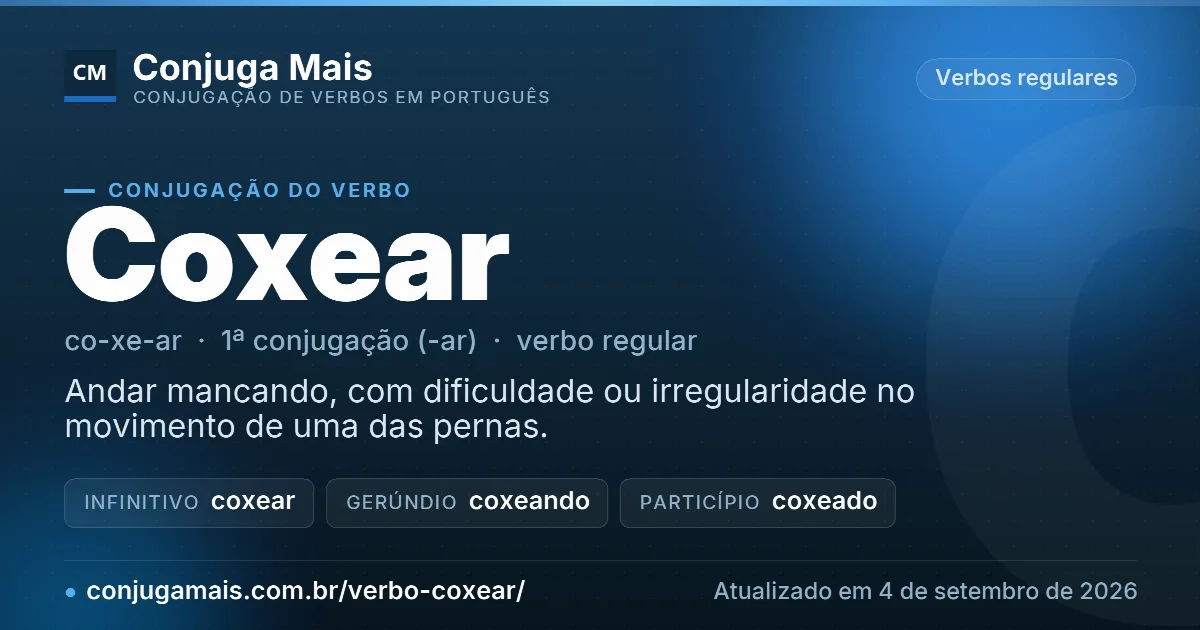 Cartão do verbo coxear com definição, formas principais, endereço da página e data de atualização.