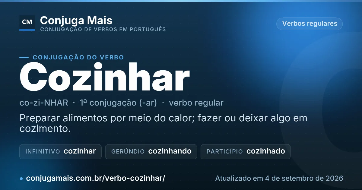 Cartão do verbo cozinhar com definição, formas principais, endereço da página e data de atualização.