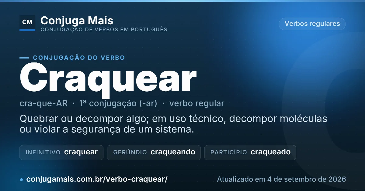 Cartão do verbo craquear com definição, formas principais, endereço da página e data de atualização.