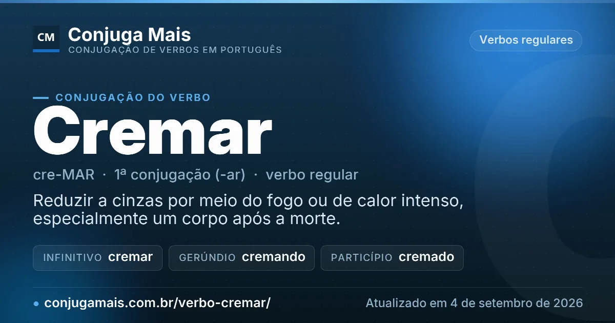 Cartão do verbo cremar com definição, formas principais, endereço da página e data de atualização.
