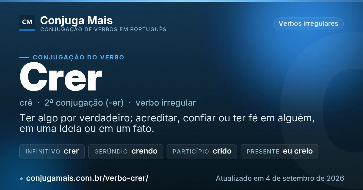 Cartão do verbo crer com definição, formas principais, endereço da página e data de atualização.