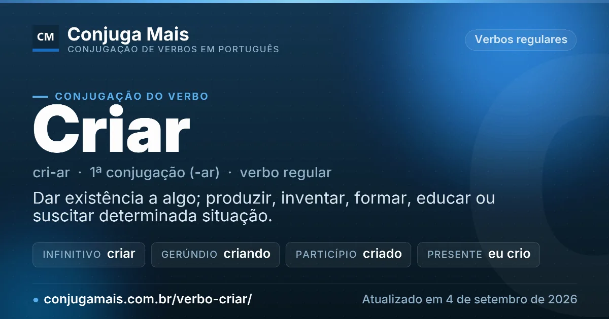 Cartão do verbo criar com definição, formas principais, endereço da página e data de atualização.