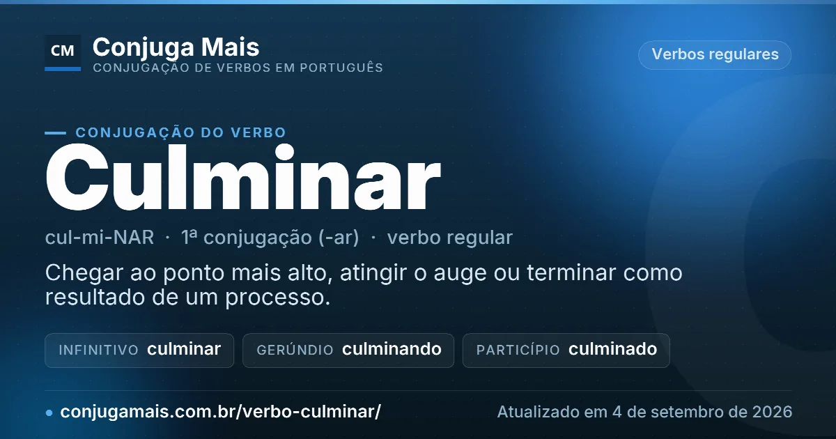 Cartão do verbo culminar com definição, formas principais, endereço da página e data de atualização.