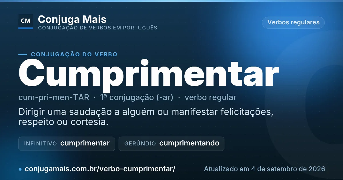 Cartão do verbo cumprimentar com definição, formas principais, endereço da página e data de atualização.