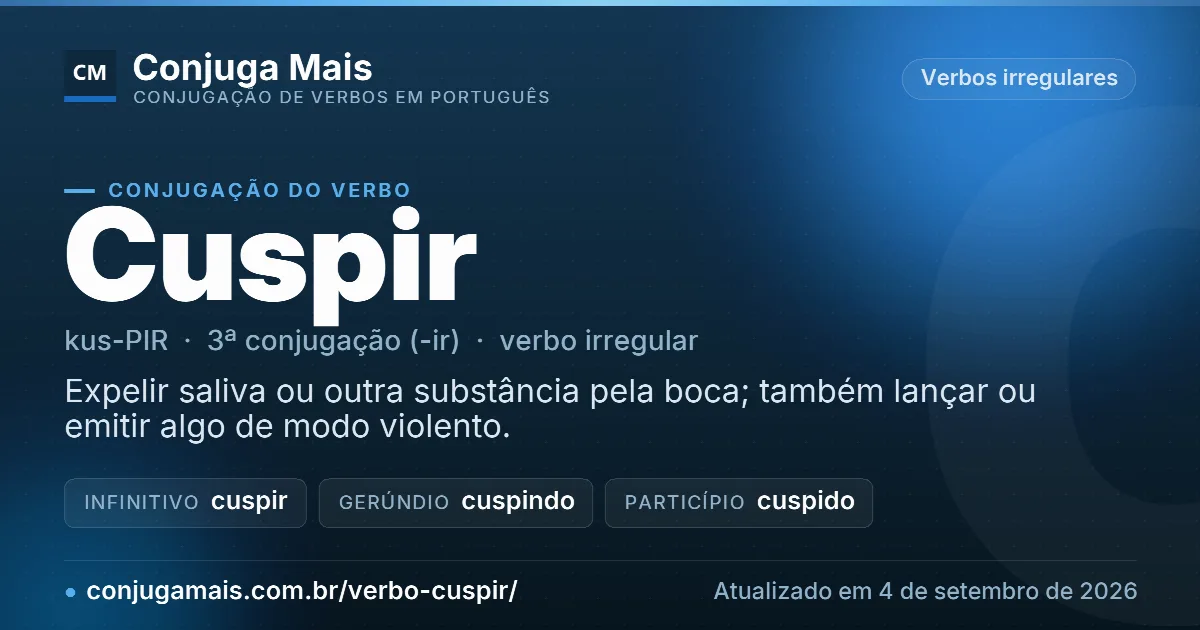 Cartão do verbo cuspir com definição, formas principais, endereço da página e data de atualização.