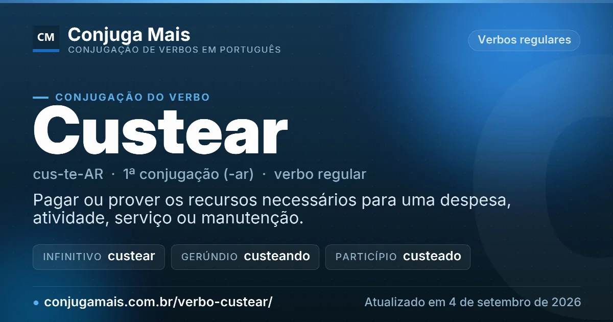 Cartão do verbo custear com definição, formas principais, endereço da página e data de atualização.