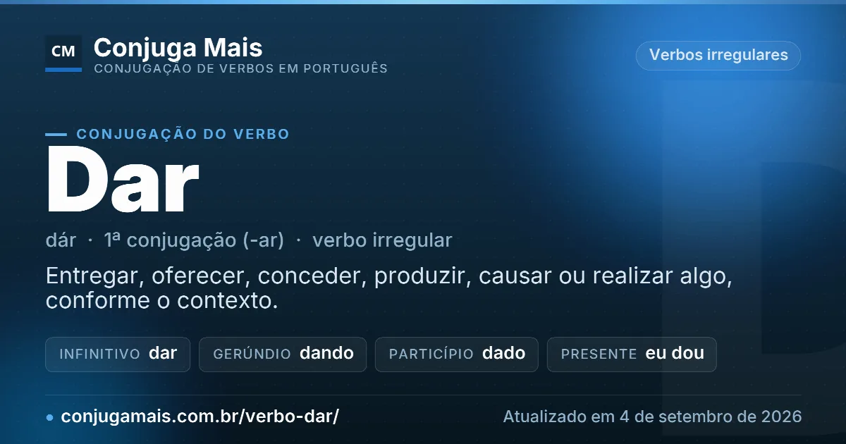 Cartão do verbo dar com definição, formas principais, endereço da página e data de atualização.