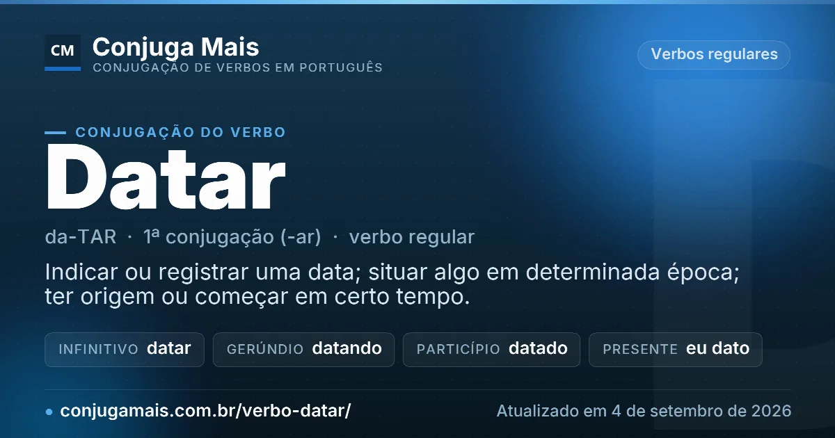Cartão do verbo datar com definição, formas principais, endereço da página e data de atualização.