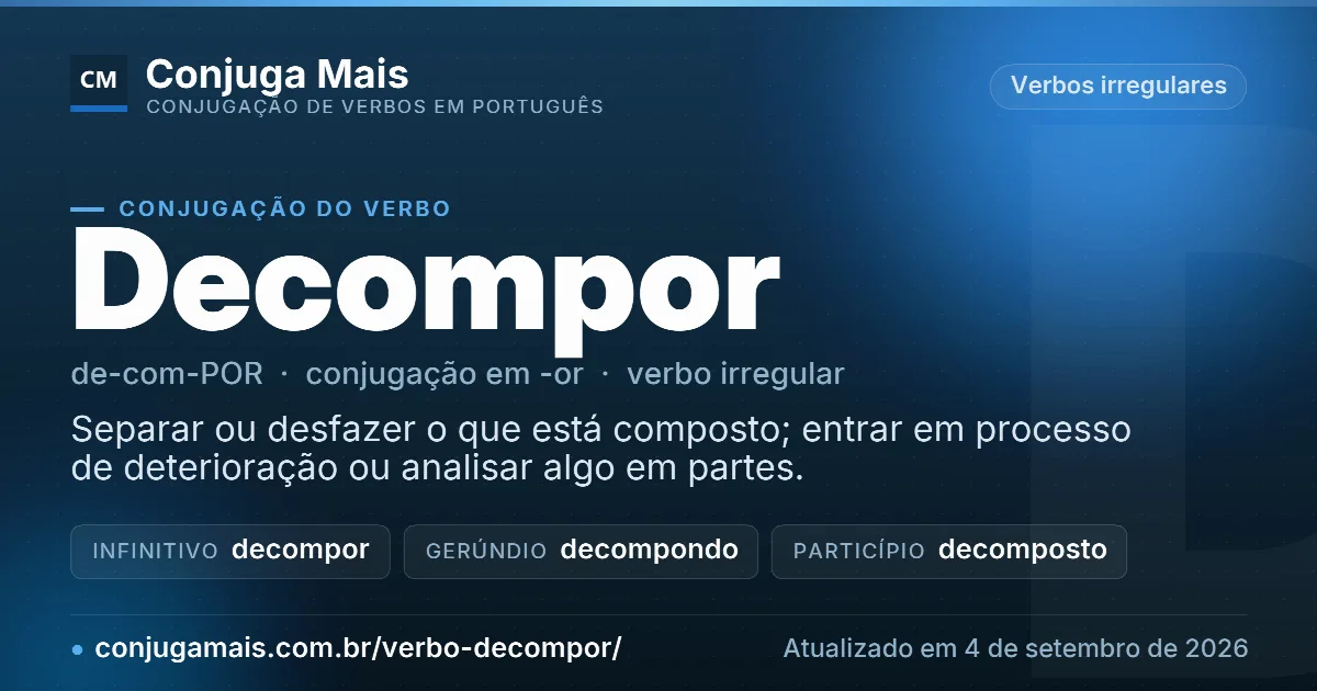 Cartão do verbo decompor com definição, formas principais, endereço da página e data de atualização.