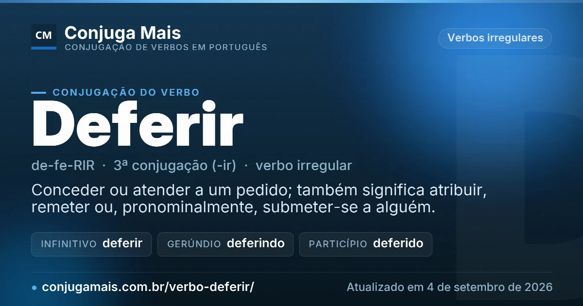 Cartão do verbo deferir com definição, formas principais, endereço da página e data de atualização.