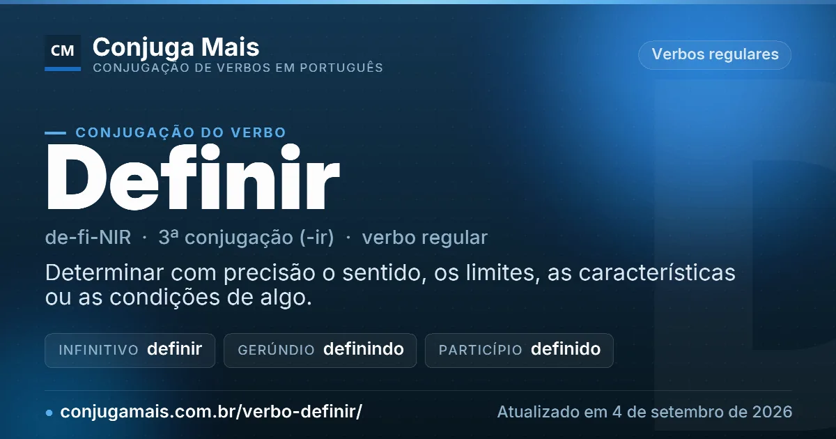 Cartão do verbo definir com definição, formas principais, endereço da página e data de atualização.