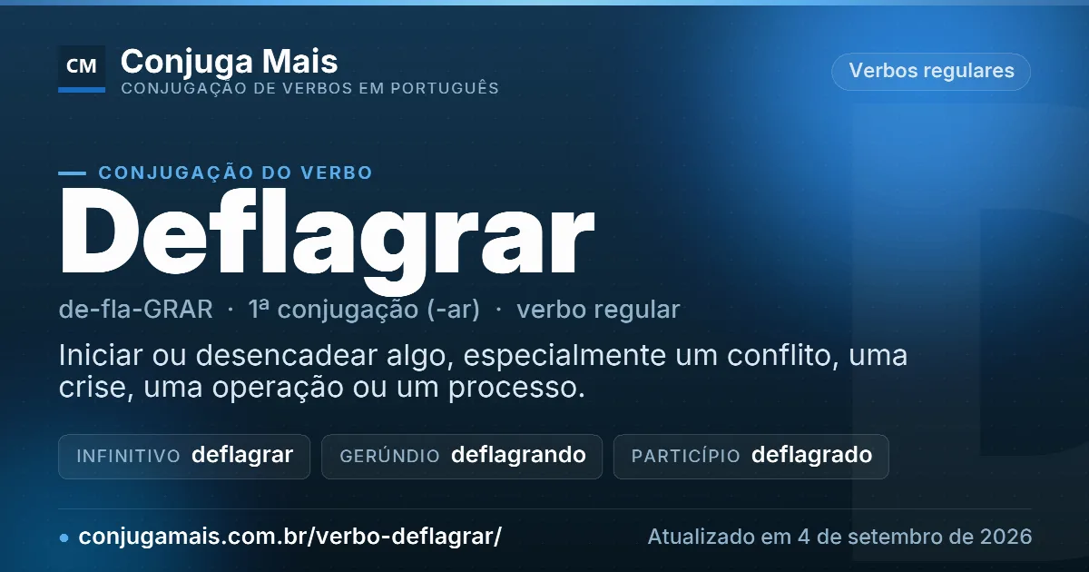 Cartão do verbo deflagrar com definição, formas principais, endereço da página e data de atualização.