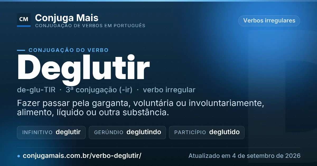 Cartão do verbo deglutir com definição, formas principais, endereço da página e data de atualização.