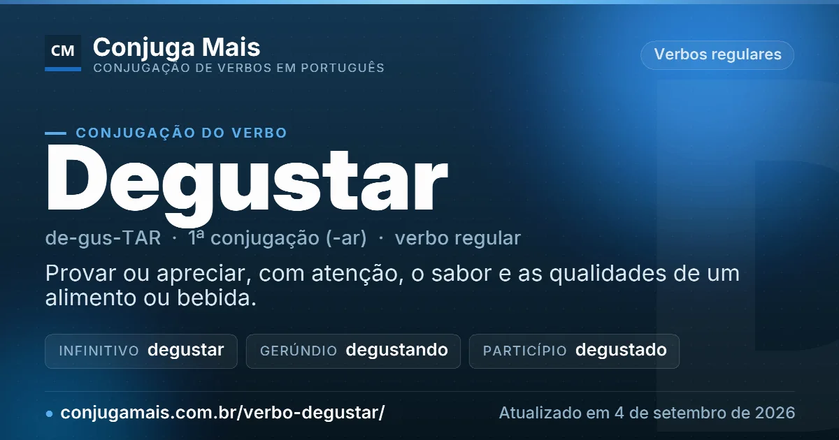 Cartão do verbo degustar com definição, formas principais, endereço da página e data de atualização.