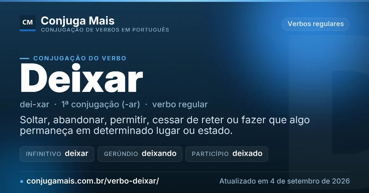 Cartão do verbo deixar com definição, formas principais, endereço da página e data de atualização.
