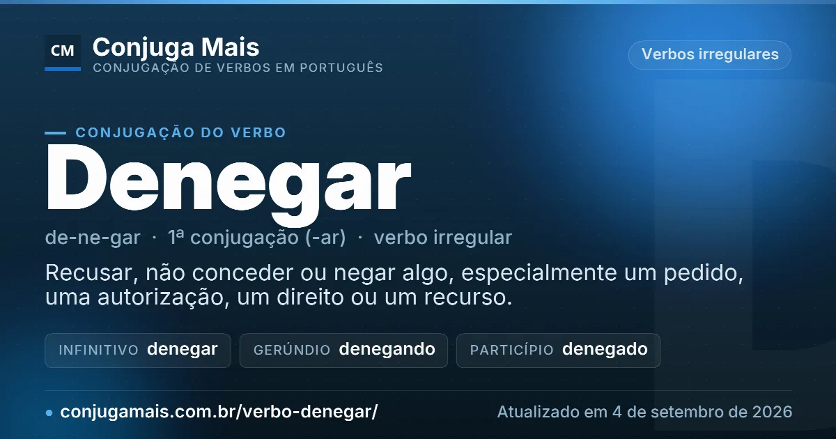 Cartão do verbo denegar com definição, formas principais, endereço da página e data de atualização.