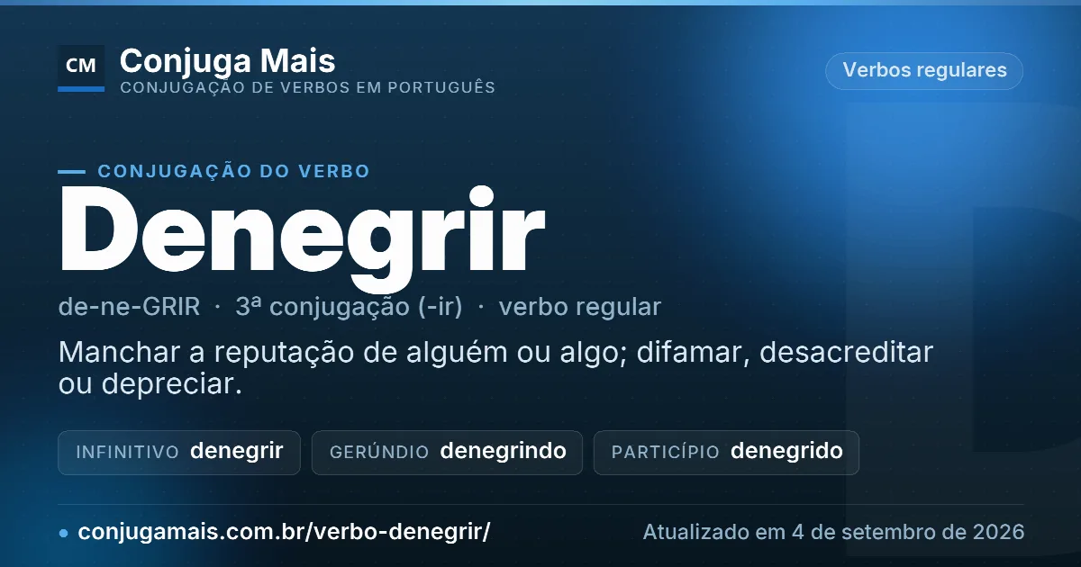 Cartão do verbo denegrir com definição, formas principais, endereço da página e data de atualização.