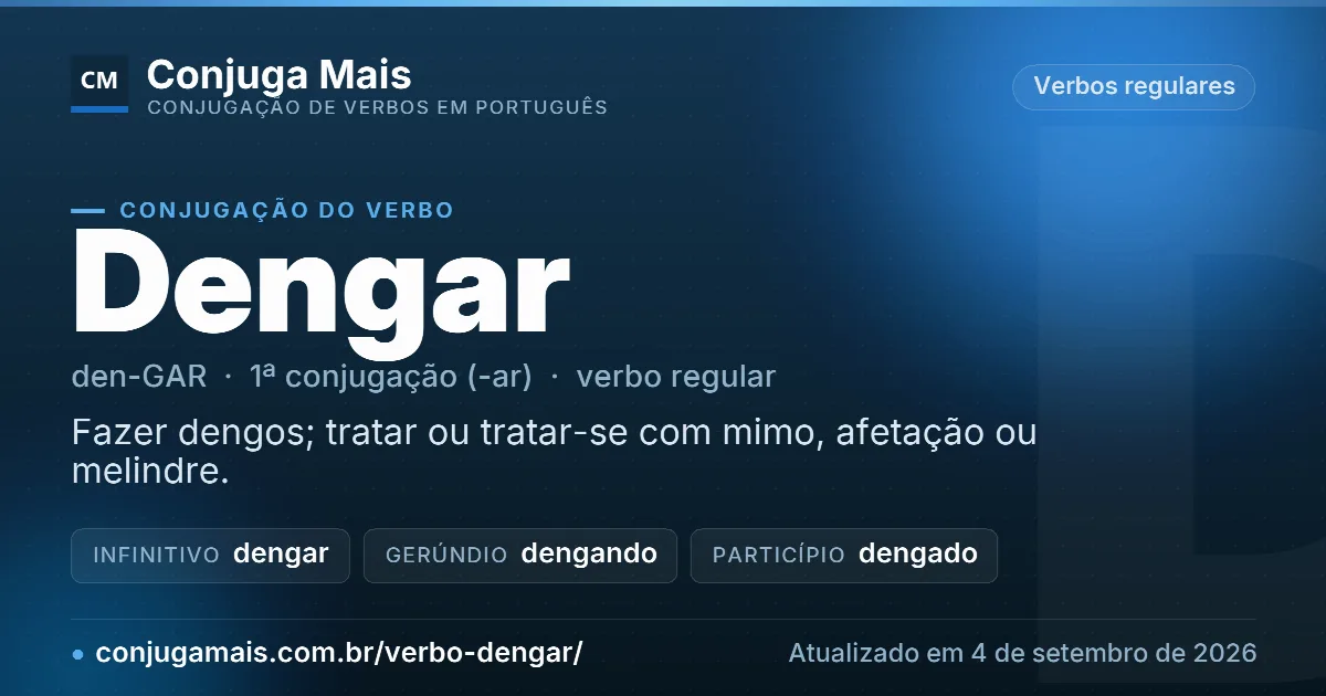 Cartão do verbo dengar com definição, formas principais, endereço da página e data de atualização.