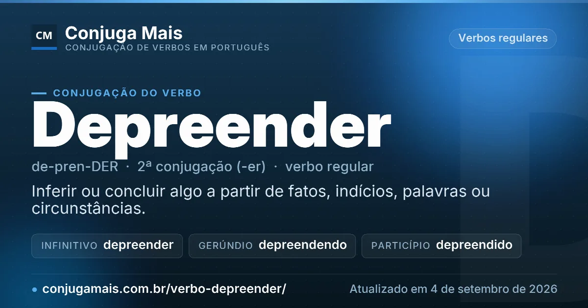 Cartão do verbo depreender com definição, formas principais, endereço da página e data de atualização.
