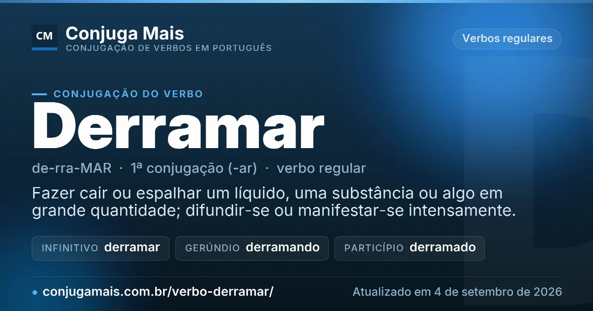 Cartão do verbo derramar com definição, formas principais, endereço da página e data de atualização.