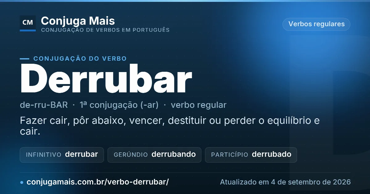 Cartão do verbo derrubar com definição, formas principais, endereço da página e data de atualização.