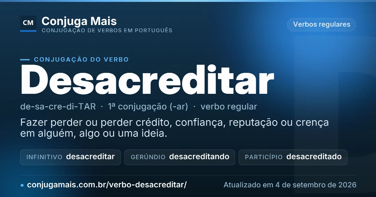 Cartão do verbo desacreditar com definição, formas principais, endereço da página e data de atualização.