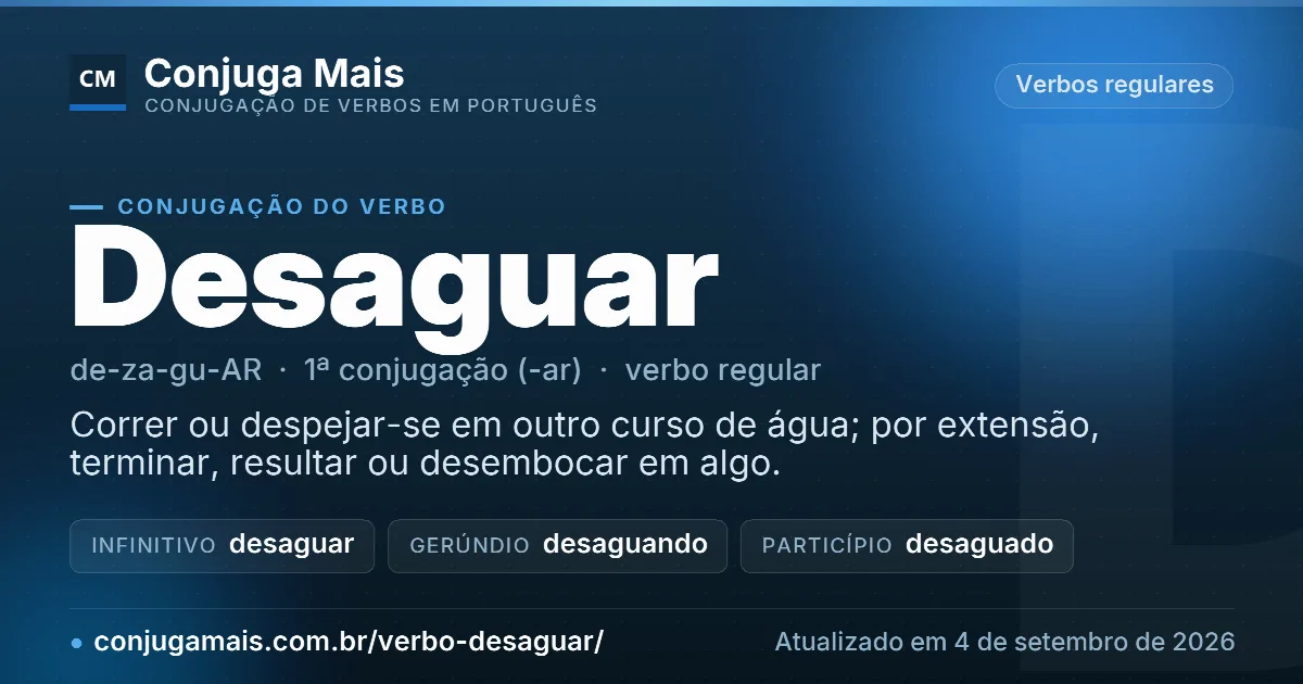 Cartão do verbo desaguar com definição, formas principais, endereço da página e data de atualização.