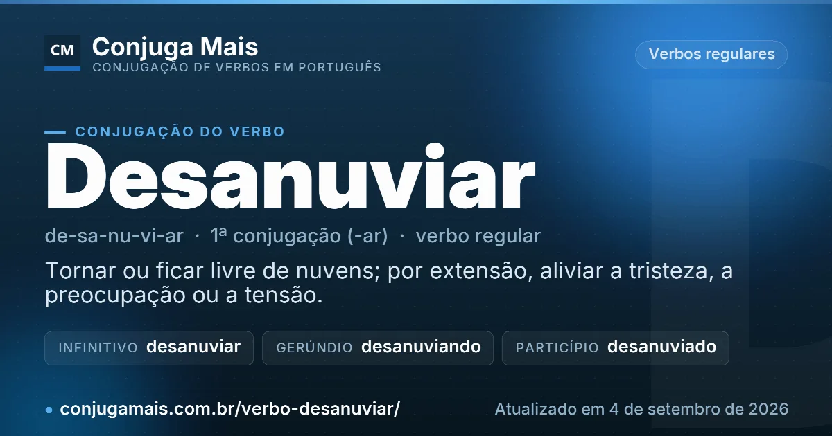 Cartão do verbo desanuviar com definição, formas principais, endereço da página e data de atualização.