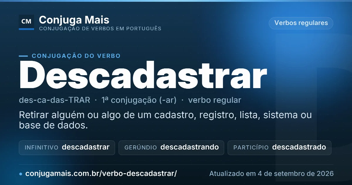 Cartão do verbo descadastrar com definição, formas principais, endereço da página e data de atualização.