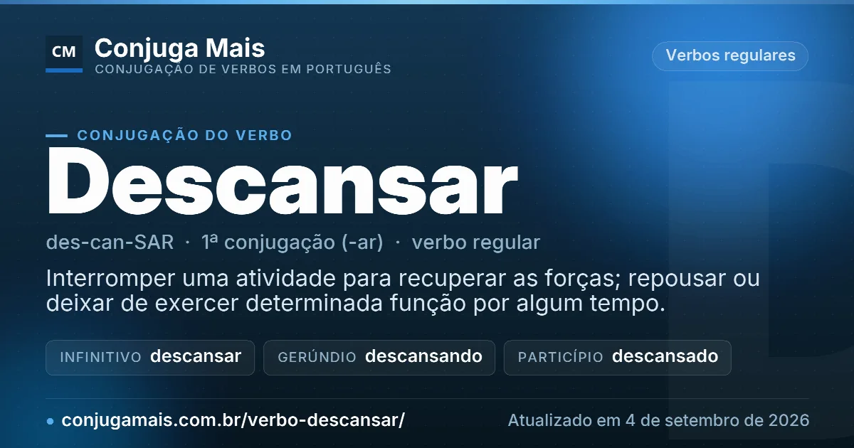Cartão do verbo descansar com definição, formas principais, endereço da página e data de atualização.